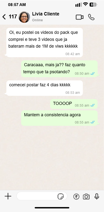 Conversa de aluna comemorando 3 vídeos com mais de 1 milhão de views